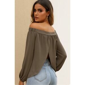 L'Academie M Gray Mushroom Off Shoulder Blouse Open Back